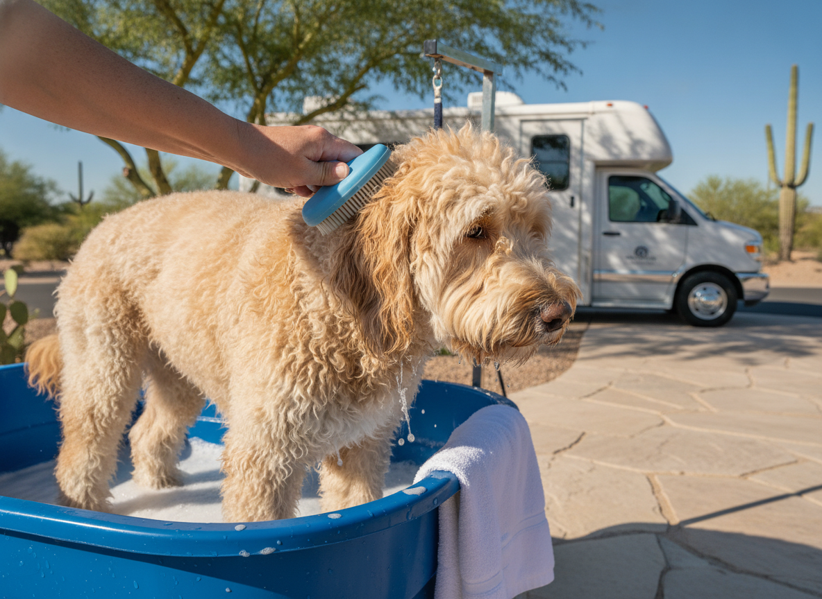 Dog receiving a full groom with scissors trimming its coat