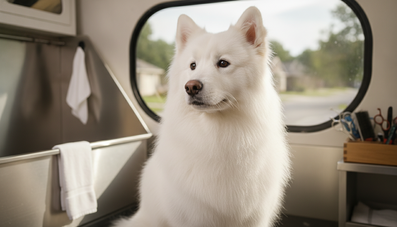 A freshly groomed dog sitting on a clean surface