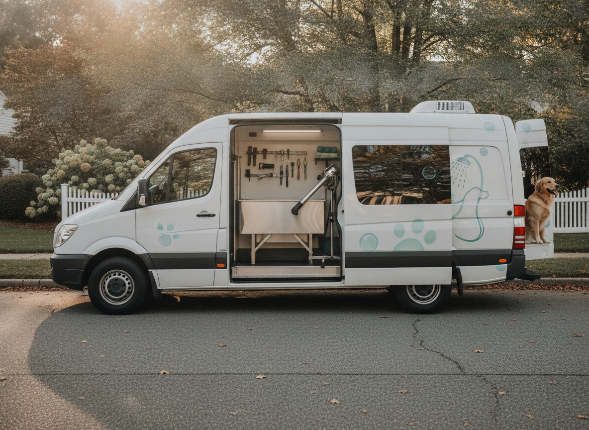 Mobile dog grooming van parked at a Wickenburg home